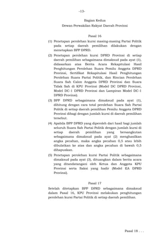 -13Bagian Kedua
Dewan Perwakilan Rakyat Daerah Provinsi
Pasal 16
(1) Penetapan perolehan kursi masing-masing Partai Politik
pada setiap daerah pemilihan dilakukan dengan
menetapkan BPP DPRD.
(2) Penetapan perolehan kursi DPRD Provinsi di setiap
daerah pemilihan sebagaimana dimaksud pada ayat (1),
didasarkan atas Berita Acara Rekapitulasi Hasil
Penghitungan Perolehan Suara Pemilu Anggota DPRD
Provinsi, Sertifikat Rekapitulasi Hasil Penghitungan
Perolehan Suara Partai Politik, dan Rincian Perolehan
Suara Sah Calon Anggota DPRD Provinsi dan Suara
Tidak Sah di KPU Provinsi (Model DC DPRD Provinsi,
Model DC-1 DPRD Provinsi dan Lampiran Model DC-1
DPRD Provinsi).
(3) BPP DPRD sebagaimana dimaksud pada ayat (1),
dihitung dengan cara total perolehan Suara Sah Partai
Politik di setiap daerah pemilihan Pemilu Anggota DPRD
Provinsi dibagi dengan jumlah kursi di daerah pemilihan
tersebut.
(4) Apabila BPP DPRD yang diperoleh dari hasil bagi jumlah
seluruh Suara Sah Partai Politik dengan jumlah kursi di
setiap
daerah
pemilihan
yang
bersangkutan
sebagaimana dimaksud pada ayat (2) menghasilkan
angka pecahan, maka angka pecahan 0,5 atau lebih
dibulatkan ke atas dan angka pecahan di bawah 0,5
dihapuskan.
(5) Penetapan perolehan kursi Partai Politik sebagaimana
dimaksud pada ayat (3), dituangkan dalam berita acara
yang ditandatangani oleh Ketua dan Anggota KPU
Provinsi serta Saksi yang hadir (Model EA DPRD
Provinsi).
Pasal 17
Setelah ditetapkan BPP DPRD sebagaimana dimaksud
dalam Pasal 16, KPU Provinsi melakukan penghitungan
perolehan kursi Partai Politik di setiap daerah pemilihan.

Pasal 18 . . .

 