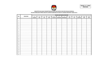 MODEL E 5 DPRD
PROVINSI

REKAPITULASI HASIL PENGHITUNGAN SUARA SAH PARTAI POLITIK SECARA NASIONAL
DALAM PEMILIHAN UMUM ANGGOTA DEWAN PERWAKILAN RAKYAT DAERAH PROVINSI TAHUN 2014
SUARA SAH PARTAI POLITIK
NO.

1
2
3
4
5
6
7
8
9
10
11
12
13
14
15
16
17
18
19
20
21
22

PROVINSI

1
NASDEM

2
PKB

3
PKS

4
PDIP

5
GOLKAR

6
GERINDRA

7
DEMOKRAT

8
PAN

9
PPP

10
HANURA

14
PBB

15
PKPI

 