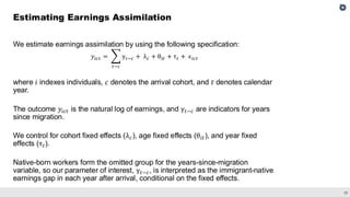 25
We estimate earnings assimilation by using the following specification:
𝑦𝑖𝑐𝑡 = ෍
𝑡−𝑐
γ𝑡−𝑐 + λ𝑐 + θ𝑖𝑡 + τ𝑡 + ϵ𝑖𝑐𝑡
where 𝑖 indexes individuals, 𝑐 denotes the arrival cohort, and 𝑡 denotes calendar
year.
The outcome 𝑦𝑖𝑐𝑡 is the natural log of earnings, and γ𝑡−𝑐 are indicators for years
since migration.
We control for cohort fixed effects (λ𝑐), age fixed effects (θ𝑖𝑡), and year fixed
effects (τ𝑡).
Native-born workers form the omitted group for the years-since-migration
variable, so our parameter of interest, γ𝑡−𝑐, is interpreted as the immigrant-native
earnings gap in each year after arrival, conditional on the fixed effects.
Estimating Earnings Assimilation
 