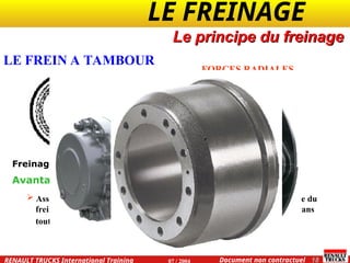 LE FREINAGE .
.
18
Document non contractuel
07 / 2004
RENAULT TRUCKS International Training
LE FREIN A TAMBOUR
Le principe du freinage
FORCES RADIALES
Freinage à tambours et disques
Avantages
 Associer la progressivité de l'action du freinage à disques et la puissance du
freinage à tambour offre la garantie d'un freinage efficace et contrôlé dans
toutes les configurations et dans toutes les situations.
 