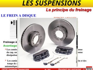 LE FREINAGE .
.
20
Document non contractuel
07 / 2004
RENAULT TRUCKS International Training
Le principe du freinage
LE FREIN A DISQUE
FORCES AXIALES
Freinage à disques
Avantages
Les camions équipés uniquement de freins à disques ont une excellente tenue
du cap, une progressivité de freinage accrue et les disques ont une très bonne
dissipation thermique grâce à leur grande superficie.
 Les camions équipés de freins à disques ont des courses de pédale de frein et des
temps de réactions très courts (diminution des jeux par rattrapage
automatique).
LES SUSPENSIONS .
.
CEPTEC Formation Commerciale 06 / 2003 20
Document non contractuel
 