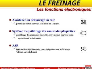 LE FREINAGE .
.
25
Document non contractuel
07 / 2004
RENAULT TRUCKS International Training
Assistance au démarrage en côte
 permet de lâcher les freins sans recul du véhicule
Système d'équilibrage des usures des plaquettes
 équilibrage des usures des plaquettes entre essieux pour une seule
 opération de maintenance
ASR
 système d'anti-patinage des roues qui permet une maîtrise du
véhicule sur sol glissant
Les fonctions électroniques
 