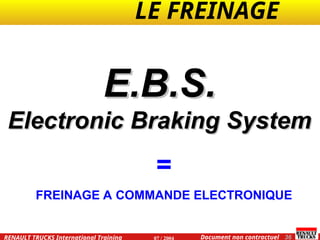 LE FREINAGE .
.
36
Document non contractuel
07 / 2004
RENAULT TRUCKS International Training
E.B.S.
E.B.S.
Electronic Braking System
Electronic Braking System
=
FREINAGE A COMMANDE ELECTRONIQUE
 