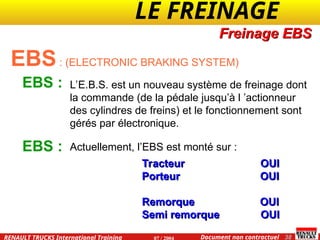 LE FREINAGE .
.
38
Document non contractuel
07 / 2004
RENAULT TRUCKS International Training
EBS: (ELECTRONIC BRAKING SYSTEM)
Freinage EBS
EBS :
EBS :
L’E.B.S. est un nouveau système de freinage dont
la commande (de la pédale jusqu’à l ’actionneur
des cylindres de freins) et le fonctionnement sont
gérés par électronique.
Actuellement, l’EBS est monté sur :
Tracteur
Tracteur OUI
OUI
Porteur OUI
Porteur OUI
Remorque OUI
Remorque OUI
Semi remorque
Semi remorque OUI
OUI
 