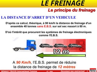 LE FREINAGE .
.
4
Document non contractuel
07 / 2004
RENAULT TRUCKS International Training
D'après ce calcul, théorique, à 90 km/h la distance de freinage d'un
ensemble 40 tonnes sans E.B.S. sur sol sec ressort à 80 m.
D'où l'intérêt que procurent les systèmes de freinage électroniques
comme l'E.B.S.
Le principe du freinage
LA DISTANCE D’ARRET D’UN VEHICULE
A 90 Km/h, l’E.B.S. permet de réduire
la distance de freinage de 12 mètres
 