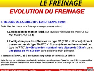 LE FREINAGE .
.
42
Document non contractuel
07 / 2004
RENAULT TRUCKS International Training
I - RESUME DE LA DIRECTIVE EUROPEENNE 98/12 :
Cette directive concerne le freinage et comporte deux volets :
1.L'obligation de monter l'ABS sur tous les véhicules de type N2, N3,
M2, M3 (PTAC>3.5 t)
2.L'obligation pour les véhicules de type N3 (PTC >12tonnes) et tirant
une remorque de type O4(PTC>10tonnes) de répondre à un test de
type IIA"PTC": le véhicule doit maintenir une vitesse de 30km/h dans
une pente de 7% sur 6km sans utiliser le frein principal.
Il est réalisé au PTAC de la silhouette sauf pour les 8X4 limités à 26 tonnes.
Nota: Ce test est réalisé par calculs et devient plus contraignant que l'essai du type II Bis concernant les
véhicules ADR car il est effectué à une vitesse fixe de30 km/h au lieu d'une plage de 25 à 30km/h
précédemment
EVOLUTION DU FREINAGE
 