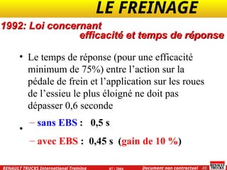 LE FREINAGE .
.
46
Document non contractuel
07 / 2004
RENAULT TRUCKS International Training
efficacité et temps de réponse
• Le temps de réponse (pour une efficacité
minimum de 75%) entre l’action sur la
pédale de frein et l’application sur les roues
de l’essieu le plus éloigné ne doit pas
dépasser 0,6 seconde
•
1992: Loi concernant
– sans EBS : 0,5 s
– avec EBS : 0,45 s (gain de 10 %)
 