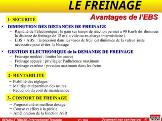 LE FREINAGE .
.
47
Document non contractuel
07 / 2004
RENAULT TRUCKS International Training
• DIMINUTION DES DISTANCES DE FREINAGE
DIMINUTION DES DISTANCES DE FREINAGE
– Rapidité de l’électronique : le gain sur temps de réaction permet a 90 Km/h de diminuer
la distance de freinage de 12 m ( a vide ou en charge intermédiaire )
– EBS + ABS : la pression dans les vases de frein est diminuée de la valeur juste
nécessaire pour éviter le blocage
• GESTION ELECTRONIQUE de la DEMANDE DE FREINAGE
GESTION ELECTRONIQUE de la DEMANDE DE FREINAGE
– Freinage modéré : limiter les usures
– Freinage appuyé : privilégier l‘adhérence maximum
– Freinage extrême : pression maximum dans les freins
Avantages de l’EBS
1- SECURITE
3- CONFORT DE FREINAGE
─ Progressivité et meilleur dosage
─ Course et effort à la pédale
─ Amélioration de la fonction ASR
2- RENTABILITE
─ Fiabilité des réglages
─ Maîtrise et répartition des usures
─ Réduction du coût de maintenance
 