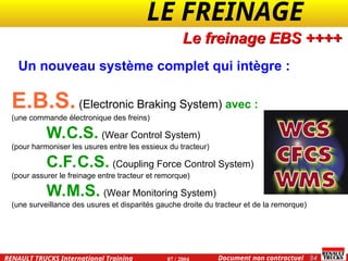 LE FREINAGE .
.
54
Document non contractuel
07 / 2004
RENAULT TRUCKS International Training
E.B.S.(Electronic Braking System) avec :
(une commande électronique des freins)
W.C.S. (Wear Control System)
(pour harmoniser les usures entre les essieux du tracteur)
C.F.C.S. (Coupling Force Control System)
(pour assurer le freinage entre tracteur et remorque)
W.M.S. (Wear Monitoring System)
(une surveillance des usures et disparités gauche droite du tracteur et de la remorque)
Un nouveau système complet qui intègre :
Le freinage EBS ++++
 