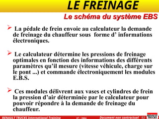 LE FREINAGE .
.
62
Document non contractuel
07 / 2004
RENAULT TRUCKS International Training
 La pédale de frein envoie au calculateur la demande
de freinage du chauffeur sous forme d’ informations
électroniques.
 Le calculateur détermine les pressions de freinage
optimales en fonction des informations des différents
paramètres qu’il mesure (vitesse véhicule, charge sur
le pont ...) et commande électroniquement les modules
E.B.S.
 Ces modules délivrent aux vases et cylindres de frein
la pression d’air déterminée par le calculateur pour
pouvoir répondre à la demande de freinage du
chauffeur.
Le schéma du système EBS
 