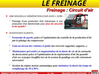 LE FREINAGE .
.
65
Document non contractuel
07 / 2004
RENAULT TRUCKS International Training
Freinage : Circuit d'air
 Economie de gazole, grâce à l’optimisation du contrôle de la production d’air
par le pilotage du compresseur
 Gain au niveau des volumes et poids (un réservoir supprimé, supports...)
 Maintenance préventive et augmentation de la durée de vie de la cartouche
du dessiccateur grâce à l’optimisation de la régénération d'air (la quantité
d'air sec et propre insufflée lors de la session de gonflage est celle strictement
nécessaire)
 Gestion du régime moteur automatique pour minimiser la durée du temps de
remplissage de 35 à 50%
AVANTAGES CLIENTS :
UNE NOUVELLE GÉNÉRATION D'AIR AVEC L'APM :
 Passage d'une production d'air mécanique à une
production d'air électronisée pour plus de sécurité
et de qualité !
 