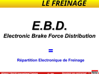 LE FREINAGE .
.
73
Document non contractuel
07 / 2004
RENAULT TRUCKS International Training
E.B.D.
E.B.D.
Electronic Brake Force Distribution
Electronic Brake Force Distribution
=
Répartition Electronique de Freinage
 