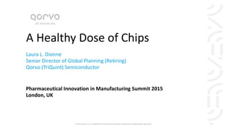 1© 2014 Qorvo, Inc. Confidential & Proprietary Information Protected by Confidentiality Agreement
A Healthy Dose of Chips
Laura L. Dionne
Senior Director of Global Planning (Retiring)
Qorvo (TriQuint) Semiconductor
Pharmaceutical Innovation in Manufacturing Summit 2015
London, UK
 