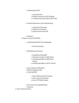 7. Configuring the PBX
1. Local Extensions
2. Outside Connection (VoIP Trunking)
3. Trunking Using Twilio Elastic SIP Trunks
8. Asterisk Maintenance and Troubleshooting
1. Asterisk CLI Commands
2. Helpful CLI Commands
3. Common Issues with VoIP
9. Summary
7. Chapter 23 Secure Shell (SSH)
1. Understanding Public Key Cryptography
1. Key Characteristics
2. SSH Backstory (Versions)
1. OpenSSH and OpenBSD
2. Alternative Vendors for SSH Clients
3. Installing OpenSSH on RPM-Based
Systems
4. Installing OpenSSH via APT in Ubuntu
3. Server Startup and Shutdown
4. SSHD Configuration File
5. Using OpenSSH
1. Secure Shell (ssh) Client Program
2. Secure Copy (scp) Program
3. Secure FTP (sftp) Program
6. Files Used by the OpenSSH Client
7. Summary
14. Part V Intranet Services
 