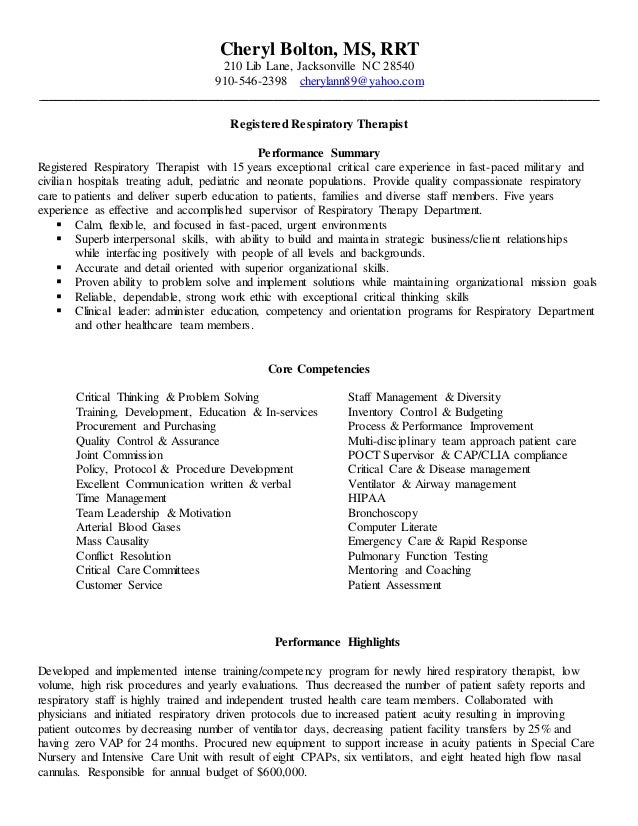 cheryl bolton resume rrt respiratory therapy resumes