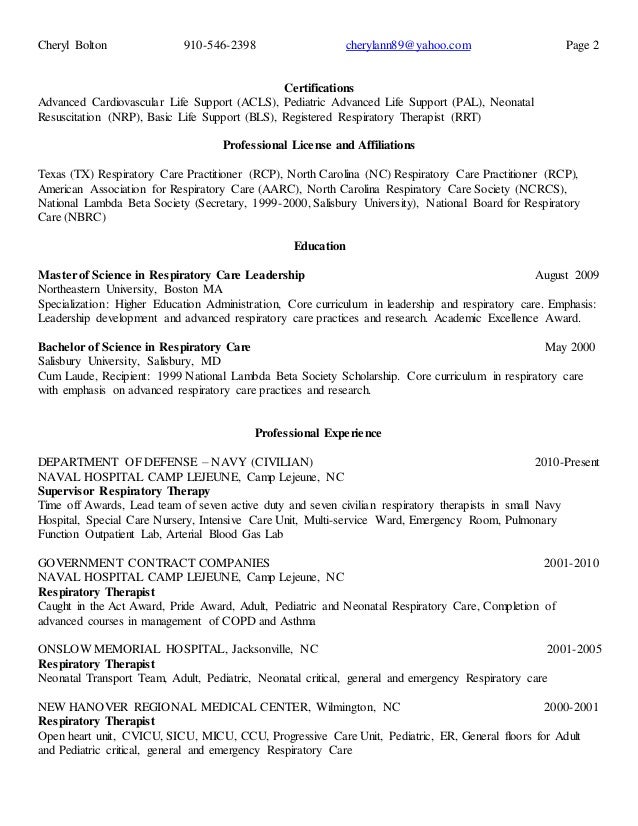 Cheryl Bolton Resume Rrt