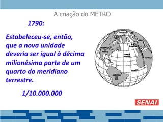 A criação do METRO
França 1790:
Estabeleceu-se, então,
que a nova unidade
deveria ser igual à décima
milionésima parte de um
quarto do meridiano
terrestre.
1/10.000.000
 