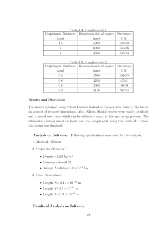Table 3.4: Iterations Set 1
Diaphragm Thickness Dimension-side of square Frequency
(µm) (µm) (Hz)
1.5 5000 385.09
2 6000 355.36
2 5800 388.53
Table 3.5: Iterations Set 2
Diaphragm Thickness Dimension-side of square Frequency
(µm) (µm) (Hz)
0.8 4500 489.93
0.8 4700 455.01
0.8 5000 400.9
0.8 5110 387.84
Results and Discussion
The results obtained using Silicon Dioxide instead of Copper were found to be better
on account of reduced dimensions. Also, Silicon Dioxide wafers were readily available
and it would save time which can be eﬃciently spent in the sputtering process. The
fabrication process would be faster and less complicated using this material. Hence,
this design was ﬁnalized.
Analysis on Software: Following speciﬁcations were used for the analysis:
1. Material : Silicon
2. Properties of silicon :
• Density=2329 kg/m3
• Poissons ratio=0.22
• Youngs Modulus=1.3 × 1011
Pa
3. Final Dimensions:
• Length X= 6.11 × 10−03
m
• Length Y=2.9 × 10−04
m
• Length Z=6.11 × 10−03
m
Results of Analysis on Software:
22
 