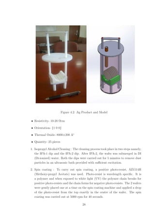 Figure 4.2: Jig Product and Model
• Resistivity- 10-20 Ωcm
• Orientation- {1 0 0}
• Thermal Oxide- 8000±200 A◦
• Quantity- 25 pieces
1. Isopropyl Alcohol Cleaning : The cleaning process took place in two steps namely,
the IPA-1 dip and the IPA-2 dip. After IPA-2, the wafer was submerged in DI
(Di-ionized) water. Both the dips were carried out for 5 minutes to remove dust
particles in an ultrasonic bath provided with suﬃcient excitation.
2. Spin coating : To carry out spin coating, a positive photo-resist, AZ1514H
(Methoxy-propyl Acetate) was used. Photo-resist is wavelength speciﬁc. It is
a polymer and when exposed to white light (UV) the polymer chain breaks for
positive photo-resists and the chain forms for negative photo-resists. The 2 wafers
were gently placed one at a time on the spin coating machine and applied a drop
of the photo-resist from the top exactly in the centre of the wafer. The spin
coating was carried out at 5000 rpm for 40 seconds.
28
 