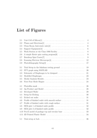 List of Figures
2.1 Unit Cell of Silicon[1] . . . . . . . . . . . . . . . . . . . . . . . . . . . . 4
2.2 Planes and Directions[1] . . . . . . . . . . . . . . . . . . . . . . . . . . 4
2.3 Clean Room Anti-static suits[4] . . . . . . . . . . . . . . . . . . . . . . 6
2.4 Support Equipment[4] . . . . . . . . . . . . . . . . . . . . . . . . . . . 6
2.5 Work Station at the Class 1000 Facility . . . . . . . . . . . . . . . . . . 8
2.6 A simple Resist spin coating program[6] . . . . . . . . . . . . . . . . . 9
2.7 Benchtop Spin Coater[7] . . . . . . . . . . . . . . . . . . . . . . . . . . 9
2.8 Scanning Electron Microscope[4] . . . . . . . . . . . . . . . . . . . . . . 12
2.9 Photolithography Setup[4] . . . . . . . . . . . . . . . . . . . . . . . . . 17
3.1 Trial Setup in the Saksham testing ground . . . . . . . . . . . . . . . . 19
3.2 FFT graph using MATLAB . . . . . . . . . . . . . . . . . . . . . . . . 20
3.3 Schematic of Diaphragm to be designed . . . . . . . . . . . . . . . . . . 21
3.4 Modelled Diaphragm . . . . . . . . . . . . . . . . . . . . . . . . . . . . 23
3.5 Modal Analysis Results . . . . . . . . . . . . . . . . . . . . . . . . . . . 23
3.6 First Four Mode Shapes . . . . . . . . . . . . . . . . . . . . . . . . . . 24
4.1 Photoﬁlm mask . . . . . . . . . . . . . . . . . . . . . . . . . . . . . . . 26
4.2 Jig Product and Model . . . . . . . . . . . . . . . . . . . . . . . . . . . 28
4.3 Developed Wafer . . . . . . . . . . . . . . . . . . . . . . . . . . . . . . 29
4.4 Setup for Etching . . . . . . . . . . . . . . . . . . . . . . . . . . . . . . 30
4.5 Etched out wafer . . . . . . . . . . . . . . . . . . . . . . . . . . . . . . 31
4.6 Proﬁle of ﬁnished wafer with smooth surface . . . . . . . . . . . . . . . 31
4.7 Proﬁle of ﬁnished wafer with rough surface . . . . . . . . . . . . . . . . 31
4.8 SEM plot 1 of ﬁnished wafer proﬁle . . . . . . . . . . . . . . . . . . . . 32
4.9 SEM plot 2 of ﬁnished wafer proﬁle . . . . . . . . . . . . . . . . . . . . 32
4.10 Pro-E model of package top and circular base . . . . . . . . . . . . . . 33
4.11 3D Printed Plastic Model . . . . . . . . . . . . . . . . . . . . . . . . . 34
5.1 Trial setup at Lab . . . . . . . . . . . . . . . . . . . . . . . . . . . . . . 36
vii
 