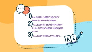 1)CALCULER LE NBRE ET COUTDES
INDUCTEURES SELECTIONNES
2)CALCULER LES COUTESUNITAIRE ET
RESULTATS UNITAIREDE CHACUN DES
PRDTS
3)CALCULER LE RESULTATGLOBAL .
 