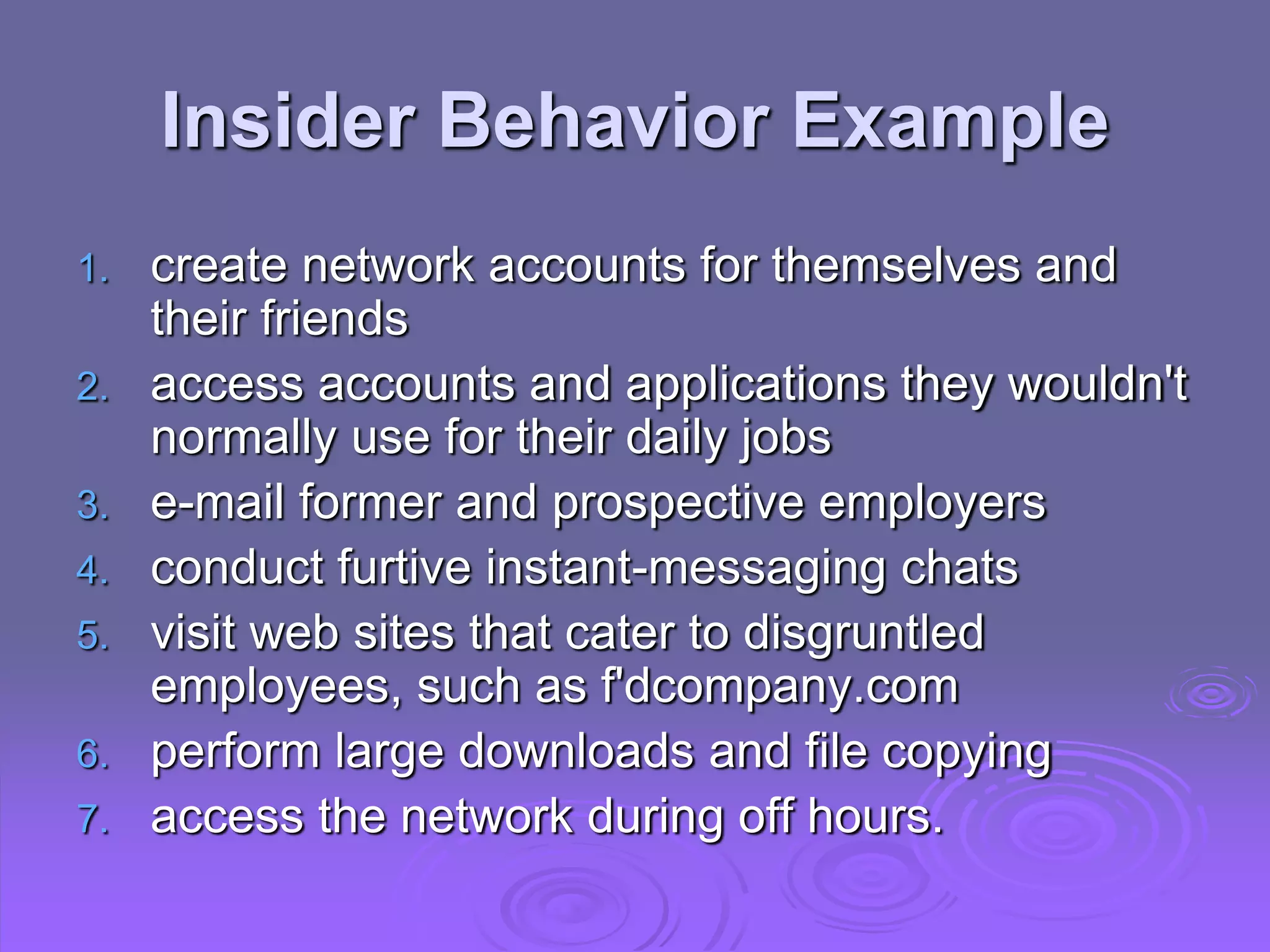 Insider Behavior Example
1. create network accounts for themselves and
their friends
2. access accounts and applications they wouldn't
normally use for their daily jobs
3. e-mail former and prospective employers
4. conduct furtive instant-messaging chats
5. visit web sites that cater to disgruntled
employees, such as f'dcompany.com
6. perform large downloads and file copying
7. access the network during off hours.
 