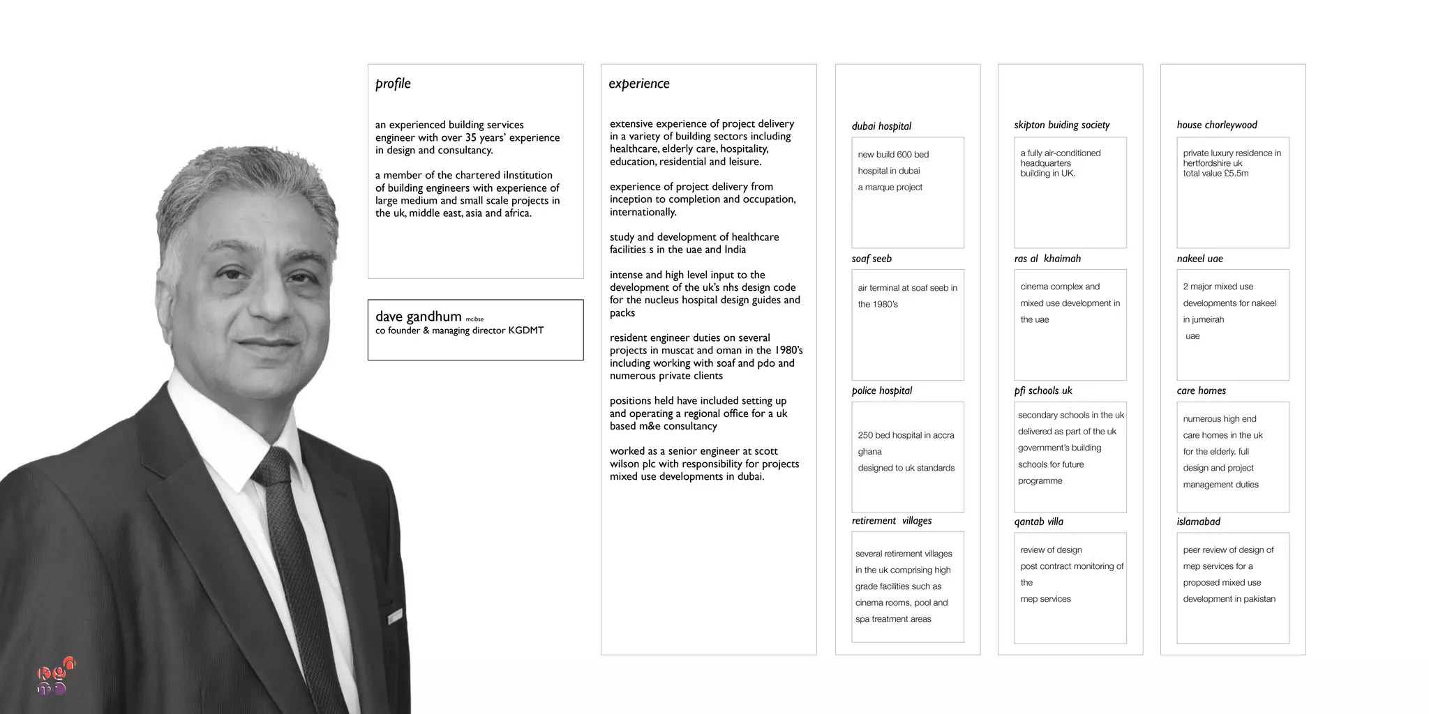 experience projectsproﬁle
new build 600 bed
hospital in dubai
a marque project
dubai hospital
dave gandhum mcibse
co founder & managing director KGDMT
extensive experience of project delivery
in a variety of building sectors including
healthcare, elderly care, hospitality,
education, residential and leisure.
experience of project delivery from
inception to completion and occupation,
internationally.
study and development of healthcare
facilities s in the uae and India
intense and high level input to the
development of the uk’s nhs design code
for the nucleus hospital design guides and
packs
resident engineer duties on several
projects in muscat and oman in the 1980’s
including working with soaf and pdo and
numerous private clients
positions held have included setting up
and operating a regional ofﬁce for a uk
based m&e consultancy
worked as a senior engineer at scott
wilson plc with responsibility for projects
mixed use developments in dubai.
experience projects
air terminal at soaf seeb in
the 1980’s
soaf seeb
250 bed hospital in accra
ghana
designed to uk standards
police hospital
several retirement villages
in the uk comprising high
grade facilities such as
cinema rooms, pool and
spa treatment areas
retirement villages
medicalinfrastructuremedicalhospitality
cinema complex and
mixed use development in
the uae
ras al khaimah
skipton buiding society
a fully air-conditioned
headquarters
building in UK.
secondary schools in the uk
delivered as part of the uk
government’s building
schools for future
programme
pﬁ schools uk
review of design
post contract monitoring of
the
mep services
qantab villa
commercialhospitalityeducationprivateresidence
2 major mixed use
developments for nakeel
in jumeirah
uae
nakeel uae
house chorleywood
private luxury residence in
hertfordshire uk
total value £5.5m
numerous high end
care homes in the uk
for the elderly. full
design and project
management duties
care homes
peer review of design of
mep services for a
proposed mixed use
development in pakistan
islamabad
privateresidencemixedusehospitalitycommercial
an experienced building services
engineer with over 35 years’ experience
in design and consultancy.
a member of the chartered iInstitution
of building engineers with experience of
large medium and small scale projects in
the uk, middle east, asia and africa.
proﬁle
 