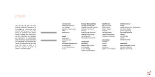 infrastructure
bridges
utilities, infrastructure & distribution
distribution depots
ground engineering
intermodal terminals
railways
road drainage
security
storage & parking
industrial
paper, packaging & printing
industrial complexes
high bay warehousing
commercial
banking and insurance
civic buildings
government department
ofﬁces
headquarters
retail
retails parks
warehouse units
logistics
out-of-town developments
car showrooms
in-town developments
ﬁt outs
leisure & hospitality
sports grounds & stadia
cinemas, theatres & museums
conference facilities &
libraries
hotels, bars & restaurants
health & ﬁtness centres
swimming pools
visitor attraction centres
residential
apartments
bespoke luxury homes
social housing
private housing
student accommodation
healthcare
day care centres
health centres
drop in centres
hospitals
teaching facilities
research laboratories
equipment installations
education
nurseries
schools
colleges
universities
student accommodation
over the last 30 years we have
acquired extensive experience &
knowledge, by completing many
large and small projects, all over the
world. we understand the holistic
process of design and construction.
we also understand and recognise
the importance of commerciality.
lastly and perhaps most importantly
we understand and appreciate the
‘whole’, the big picture and the small
steps that need to taken in a
particular sequence in order to
achieve a successful project.
projects
 