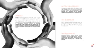 KGDMT is an international, award winning, bim centric & multi-
disciplined architectural & engineering design consultancy. we place
great importance on delivering value to our clients by utilising our
cross discipline capability and by working in collaboration with our
associated ofﬁces, to deliver on quality, design, economy and timeliness.
as a multi-discipline professional architectural and engineering
consultancy, we are able to offer clients the choice of using our
services in combination or individually. by choosing the former they are
assured of a co-ordinated approach to the design and delivery of their
project.
overview
our architectural design solutions are created to inspire,
uplift and delight. they are passionately nurtured to enhance
the activity for which they are commissioned. we design
holistically and in coordination with our engineering
colleagues to provide better places to live, work and play. 
KGDMT develop coordinated engineering designs that
create value and beneﬁt for our clients. our forte is
providing innovative, high quality design solutions that meet
the budgetary requirements of the brief, as well as those of
the design aesthetic.
mechanical, electrical, plumbing, security, building
management and ﬁre.  KGDMT develop appropriate,
coordinated and efﬁcient design solutions that make a
building function internally, as good as we make it look
externally.
architecture & interiors
civil & structural
building services
 