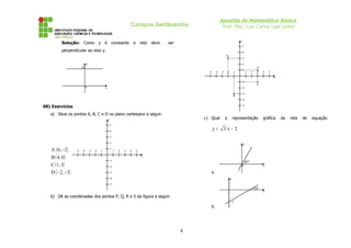 Apostila de Matemática Básica
Prof. Msc. Luiz Carlos Leal Junior

Campus Sertãozinho
Solução:

Como

y

é

constante

a

reta

deve

y

ser

5

perpendicular ao eixo y.

4
Q

3

y

2

20
-5

-4

-3

-2

-1

1

1

2

P
3

4

5
x

-1
0

x

S

-2
R

-3
-4

68) Exercícios

-5

a) Situe os pontos A, B, C e D no plano cartesiano a seguir.

c) Qual

y
5

y=

4

a

representação

gráfica

3x− 2

3
2

A ( 0, - 2 )
B ( 4, 0 )
C (1, 3)
D ( - 2, - 3)

-5

-4

-3

-2

-1

1

y
1

2

3

4

5
x

-1

60º
0

-2

x

a.

-3

y

-4
-5

30º

b) Dê as coordenadas dos pontos P, Q, R e S da figura a seguir.
-2

b.

4

x

da

reta

de

equação

 