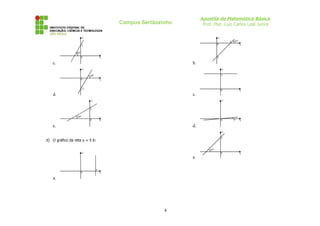 Apostila de Matemática Básica
Prof. Msc. Luiz Carlos Leal Junior

Campus Sertãozinho
y

y
5

0

2

45º
x

60º
0

5

x

c.

b.
y

y
5

60º
0

x

-2

0

d.

x

c.
y

y

2
30º
0

0

x

e.

5º

x

d.
y
5

d) O gráfico da reta y = 5 é:
45º

y

0

e.
0

5

x

a.

4

x

 