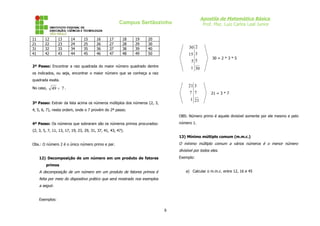 Apostila de Matemática Básica
Prof. Msc. Luiz Carlos Leal Junior

Campus Sertãozinho
11
21
31
41

12
22
32
42

13
23
33
43

14
24
34
44

15
25
35
45

16
26
36
46

17
27
37
47

18
28
38
48

19
29
39
49

20
30
40
50

30
15
5
1

2º Passo: Encontrar a raiz quadrada do maior número quadrado dentre
os indicados, ou seja, encontrar o maior número que se conheça a raiz

2
3
5

30 = 2 * 3 * 5

30

quadrada exata.
No caso,

21 3
7 7
1 21

49 = 7 .

3º Passo: Extrair da lista acima os números múltiplos dos números {2, 3,

21 = 3 * 7

4, 5, 6, 7}, nesta ordem, onde o 7 provém do 2º passo.
OBS: Número primo é aquele divisível somente por ele mesmo e pelo
número 1.

4º Passo: Os números que sobraram são os números primos procurados:
{2, 3, 5, 7, 11, 13, 17, 19, 23, 29, 31, 37, 41, 43, 47}.

13) Mínimo múltiplo comum (m.m.c.)

O mínimo múltiplo comum a vários números é o menor número

Obs.: O número 2 é o único número primo e par.

divisível por todos eles.
Exemplo:

12) Decomposição de um número em um produto de fatores
primos

a) Calcular o m.m.c. entre 12, 16 e 45

A decomposição de um número em um produto de fatores primos é
feita por meio do dispositivo prático que será mostrado nos exemplos
a seguir.
Exemplos:

8

 