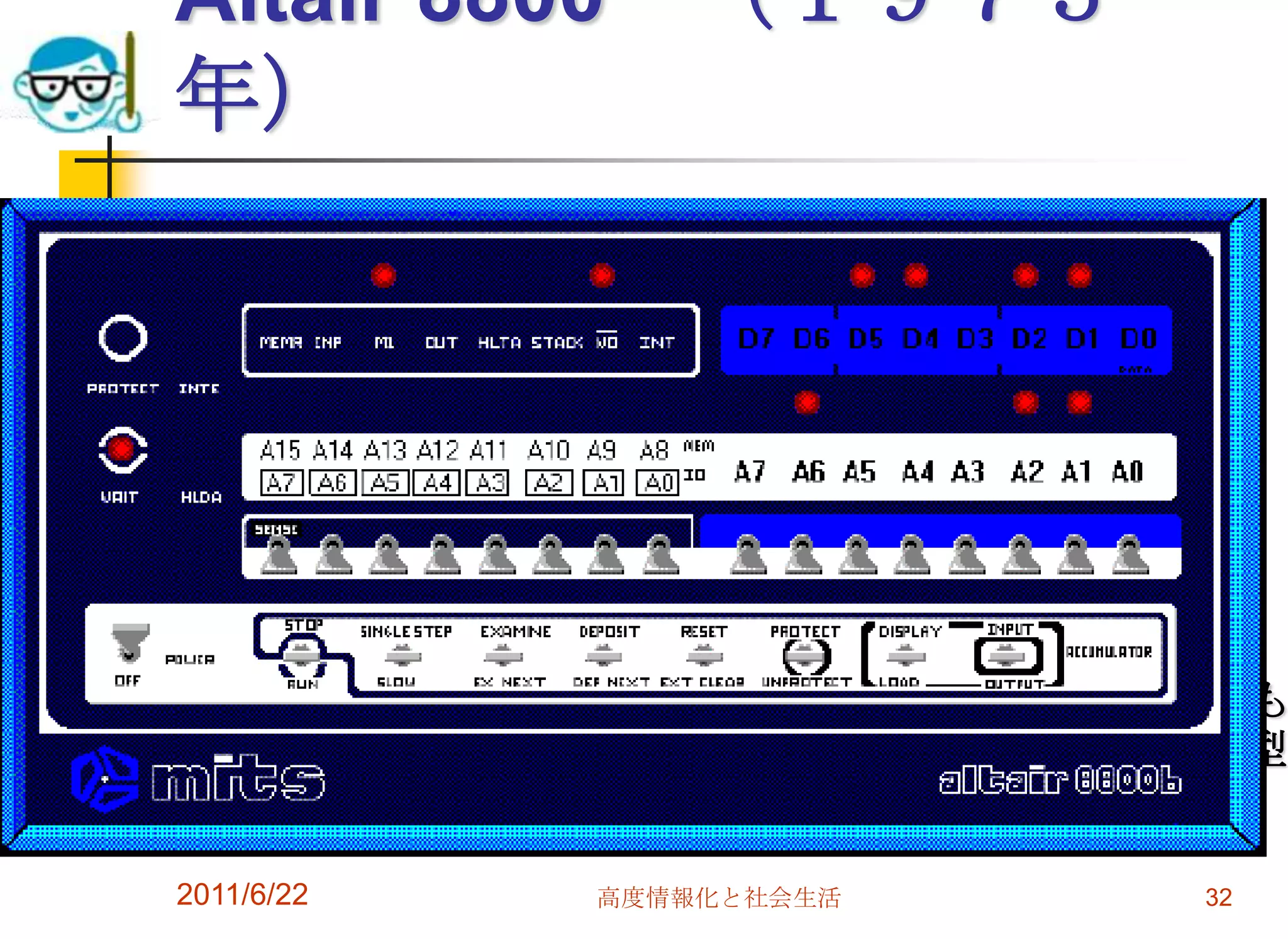 Altair 8800 （１９７５
   年）




最初に市販されたパソコンキット「アルティア８８００」
  当時ハーバード在学中のビル・ゲイツがBASICを書いたことでも
CPUはインテル社製で、つまりこれがいまのウィンテル体制の原型？


   2011/6/22   高度情報化と社会生活    32
 