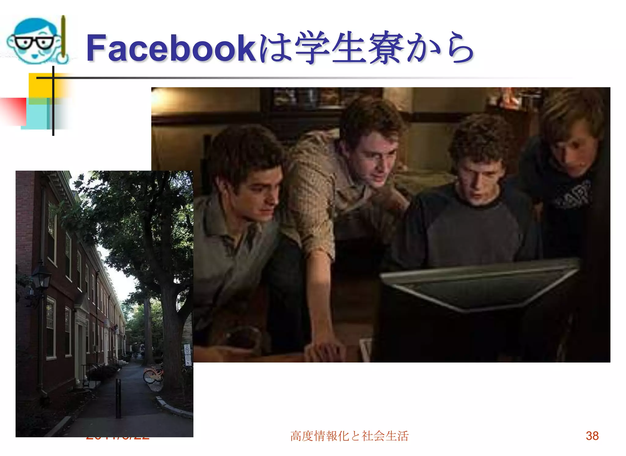 Facebookは学生寮から




2011/6/22   高度情報化と社会生活   38
 