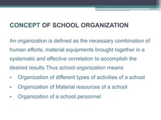 CONCEPT OF SCHOOL ORGANIZATION
An organization is defined as the necessary combination of
human efforts, material equipments brought together in a
systematic and effective correlation to accomplish the
desired results Thus school organization means
• Organization of different types of activities of a school
• Organization of Material resources of a school
• Organization of a school personnel
 