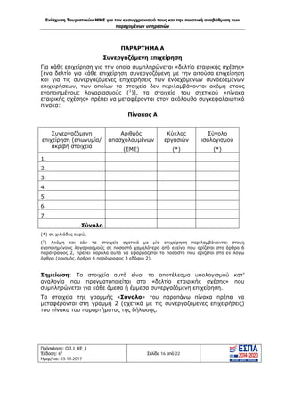 Ενίσχυση Τουριστικών ΜΜΕ για τον εκσυγχρονισμό τους και την ποιοτική αναβάθμιση των
παρεχομένων υπηρεσιών
Πρόσκληση: Ο.Ι.1_ΚΕ_1
Έκδοση: 6η
Ημερ/νια: 23.10.2017
Σελίδα 16 από 22
ΠΑΡΑΡΤΗΜΑ Α
Συνεργαζόμενη επιχείρηση
Για κάθε επιχείρηση για την οποία συμπληρώνεται «δελτίο εταιρικής σχέσης»
[ένα δελτίο για κάθε επιχείρηση συνεργαζόμενη με την αιτούσα επιχείρηση
και για τις συνεργαζόμενες επιχειρήσεις των ενδεχόμενων συνδεδεμένων
επιχειρήσεων, των οποίων τα στοιχεία δεν περιλαμβάνονται ακόμη στους
ενοποιημένους λογαριασμούς (1
)], τα στοιχεία του σχετικού «πίνακα
εταιρικής σχέσης» πρέπει να μεταφέρονται στον ακόλουθο συγκεφαλαιωτικό
πίνακα:
Πίνακας Α
Συνεργαζόμενη
επιχείρηση (επωνυμία/
ακριβή στοιχεία
Αριθμός
απασχολουμένων
(ΕΜΕ)
Κύκλος
εργασιών
(*)
Σύνολο
ισολογισμού
(*)
1.
2.
3.
4.
5.
6.
7.
Σύνολο
(*) σε χιλιάδες ευρώ.
(1
) Ακόμη και εάν τα στοιχεία σχετικά με μία επιχείρηση περιλαμβάνονται στους
ενοποιημένους λογαριασμούς σε ποσοστό χαμηλότερο από εκείνο που ορίζεται στο άρθρο 6
παράγραφος 2, πρέπει παρόλα αυτά να εφαρμόζεται το ποσοστό που ορίζεται στο εν λόγω
άρθρο (ορισμός, άρθρο 6 παράγραφος 3 εδάφιο 2).
Σημείωση: Τα στοιχεία αυτά είναι το αποτέλεσμα υπολογισμού κατ’
αναλογία που πραγματοποιείται στο «δελτίο εταιρικής σχέσης» που
συμπληρώνεται για κάθε άμεσα ή έμμεσα συνεργαζόμενη επιχείρηση.
Τα στοιχεία της γραμμής «Σύνολο» του παραπάνω πίνακα πρέπει να
μεταφέρονται στη γραμμή 2 (σχετικά με τις συνεργαζόμενες επιχειρήσεις)
του πίνακα του παραρτήματος της δήλωσης.
ΑΔΑ: Ω1ΙΒ465ΧΙ8-ΗΔΙ
 