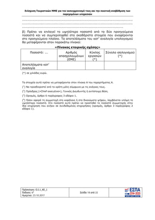 Ενίσχυση Τουριστικών ΜΜΕ για τον εκσυγχρονισμό τους και την ποιοτική αναβάθμιση των
παρεχομένων υπηρεσιών
Πρόσκληση: Ο.Ι.1_ΚΕ_1
Έκδοση: 6η
Ημερ/νια: 23.10.2017
Σελίδα 18 από 22
..........................................................................................................
..........................................................................................................
.................................................................................................
β) Πρέπει να επιλεγεί το υψηλότερο ποσοστό από τα δύο προηγούμενα
ποσοστά και να συμπεριληφθεί στα ακαθάριστα στοιχεία που αναφέρονται
στο προηγούμενο πλαίσιο. Τα αποτελέσματα του κατ’ αναλογία υπολογισμού
θα μεταφέρονται στον παρακάτω πίνακα:
«Πίνακας εταιρικής σχέσης»
Ποσοστό: ... Αριθμός
απασχολουμένων
(ΕΜΕ)
Κύκλος
εργασιών
(*)
Σύνολο ισολογισμού
(*)
Αποτελέσματα κατ’
αναλογία
(*) σε χιλιάδες ευρώ.
Τα στοιχεία αυτά πρέπει να μεταφέρονται στον πίνακα Α του παραρτήματος Α.
(1
) Να προσδιοριστεί από τα κράτη μέλη σύμφωνα με τις ανάγκες τους.
(2
) Πρόεδρος («Chief executive»), Γενικός Διευθυντής ή αντίστοιχη θέση.
(3
) Ορισμός, άρθρο 6 παράγραφος 3 εδάφιο 1.
(4
) Όσον αφορά τη συμμετοχή στο κεφάλαιο ή στα δικαιώματα ψήφου, λαμβάνεται υπόψη το
υψηλότερο ποσοστό. Στο ποσοστό αυτό πρέπει να προστεθεί το ποσοστό συμμετοχής στην
ίδια επιχείρηση που ανήκει σε συνδεδεμένες επιχειρήσεις (ορισμός, άρθρο 3 παράγραφος 2
εδάφιο 1).
ΑΔΑ: Ω1ΙΒ465ΧΙ8-ΗΔΙ
 