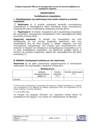 Ενίσχυση Τουριστικών ΜΜΕ για τον εκσυγχρονισμό τους και την ποιοτική αναβάθμιση των
παρεχομένων υπηρεσιών
Πρόσκληση: Ο.Ι.1_ΚΕ_1
Έκδοση: 6η
Ημερ/νια: 23.10.2017
Σελίδα 19 από 22
ΠΑΡΑΡΤΗΜΑ Β
Συνδεδεμένες επιχειρήσεις
Α. Προσδιορισμός της περίπτωσης στην οποία υπάγεται η αιτούσα
επιχείρηση
Περίπτωση 1: Η αιτούσα επιχείρηση καταρτίζει ενοποιημένους
λογαριασμούς ή περιλαμβάνεται βάσει ενοποίησης στους ενοποιημένους
λογαριασμούς άλλης συνδεδεμένης επιχείρησης [πίνακας Β(1)].
Περίπτωση 2: Η αιτούσα επιχείρηση ή μία ή περισσότερες επιχειρήσεις
δεν καταρτίζουν ενοποιημένους λογαριασμούς ή δεν περιλαμβάνονται βάσει
ενοποίησης [πίνακας Β(2)].
Σημαντική σημείωση: Τα στοιχεία των επιχειρήσεων που είναι
συνδεδεμένες με την αιτούσα επιχείρηση προκύπτουν από τους
λογαριασμούς τους και άλλα στοιχεία, ή, εφόσον υπάρχουν, από τους
ενοποιημένους λογαριασμούς. Στα στοιχεία αυτά συγκεντρώνονται κατ’
αναλογία τα στοιχεία των ενδεχόμενων συνεργαζόμενων επιχειρήσεων με τις
εν λόγω συνδεδεμένες επιχειρήσεις, που βρίσκονται ακριβώς ανάντη ή
κατάντη της αιτούσας επιχείρησης, εφόσον δεν περιλαμβάνονται ήδη βάσει
ενοποίησης (1
).
Β. Μέθοδοι υπολογισμού ανάλογα με την περίπτωση
Περίπτωση 1: Ως βάση υπολογισμού χρησιμοποιούνται οι ενοποιημένοι
λογαριασμοί. Να συμπληρωθεί ο παρακάτω πίνακας Β(1)
Πίνακας Β (1)
Αριθμός
απασχολουμένων
(ΕΜΕ) (*)
Κύκλος
εργασιών
(**)
Σύνολο ισολογισμού
(**)
Σύνολο
(*) Όταν στους ενοποιημένους λογαριασμούς δεν φαίνεται ο αριθμός εργαζομένων, ο αριθμός
τους υπολογίζεται με την άθροιση του αριθμού εργαζομένων όλων των επιχειρήσεων με τις
οποίες συνδέεται η αιτούσα επιχείρηση.
(**) σε χιλιάδες ευρώ.
Τα στοιχεία της γραμμής «Σύνολο» του παραπάνω πίνακα πρέπει να
μεταφέρονται στη γραμμή 1 του πίνακα του παραρτήματος της δήλωσης.
ΑΔΑ: Ω1ΙΒ465ΧΙ8-ΗΔΙ
 