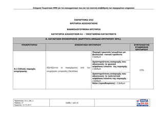 Ενίσχυση Τουριστικών ΜΜΕ για τον εκσυγχρονισμό τους και την ποιοτική αναβάθμιση των παρεχομένων υπηρεσιών
Πρόσκληση: Ο.Ι.1_ΚΕ_1
Έκδοση: 6η
Ημερ/νια: 23.10.2017
Σελίδα 1 από 28
ΠΑΡΑΡΤΗΜΑ VIII
ΚΡΙΤΗΡΙΑ ΑΞΙΟΛΟΓΗΣΗΣ
ΒΑΘΜΟΛΟΓΟΥΜΕΝΑ ΚΡΙΤΗΡΙΑ
ΚΑΤΗΓΟΡΙΑ ΔΙΚΑΙΟΥΧΩΝ Α1 – ΥΦΙΣΤΑΜΕΝΑ ΚΑΤΑΛΥΜΑΤΑ
Α. ΚΑΤΑΣΤΑΣΗ ΕΠΙΧΕΙΡΗΣΗΣ (ΒΑΡΥΤΗΤΑ ΟΜΑΔΑΣ ΚΡΙΤΗΡΙΟΥ 30%)
ΥΠΟΚΡΙΤΗΡΙΟ ΕΠΕΞΗΓΗΣΗ ΚΡΙΤΗΡΙΟΥ ΣΥΝΤΕΛΕΣΤΗΣ
ΣΤΑΘΜΙΣΗΣ
ΚΡΙΤΗΡΙΟΥ
Α.1 Ειδικές παροχές
επιχείρησης
Εξετάζονται οι παρεχόμενες από την
επιχείρηση υπηρεσίες (facilities)
Παροχή πρωινού/γευμάτων με
βιολογικά -τοπικά προϊόντα:
4 βαθμοί
15%
Δραστηριότητες αναψυχής που
αξιοποιούν το φυσικό
κεφάλαιο/πλούτο της περιοχής:
2 βαθμοί
Δραστηριότητες αναψυχής που
αξιοποιούν το πολιτιστικό
κεφάλαιο/πλούτο της περιοχής :
2 βαθμοί
Άλλο (προσδιορίστε): 2 βαθμοί
ΑΔΑ: Ω1ΙΒ465ΧΙ8-ΗΔΙ
 