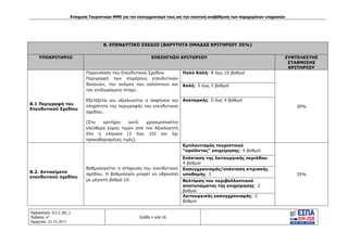 Ενίσχυση Τουριστικών ΜΜΕ για τον εκσυγχρονισμό τους και την ποιοτική αναβάθμιση των παρεχομένων υπηρεσιών
Πρόσκληση: Ο.Ι.1_ΚΕ_1
Έκδοση: 6η
Ημερ/νια: 23.10.2017
Σελίδα 4 από 28
Β. ΕΠΕΝΔΥΤΙΚΟ ΣΧΕΔΙΟ (ΒΑΡΥΤΗΤΑ ΟΜΑΔΑΣ ΚΡΙΤΗΡΙΟΥ 35%)
ΥΠΟΚΡΙΤΗΡΙΟ ΕΠΕΞΗΓΗΣΗ ΚΡΙΤΗΡΙΟΥ ΣΥΝΤΕΛΕΣΤΗΣ
ΣΤΑΘΜΙΣΗΣ
ΚΡΙΤΗΡΙΟΥ
B.1 Περιγραφή του
Επενδυτικού Σχεδίου
Παρουσίαση του Επενδυτικού Σχεδίου
Περιγραφή των επιμέρους επενδυτικών
δαπανών, την ανάγκη που καλύπτουν και
τον επιδιωκόμενο στόχο.
Εξετάζεται και αξιολογείται η σαφήνεια και
πληρότητα της περιγραφής του επενδυτικού
σχεδίου.
(Στο κριτήριο αυτό χρησιμοποιείται
ελεύθερα εύρος τιμών από τον Αξιολογητή
όλη η κλίμακα (1 έως 10) και όχι
προκαθορισμένες τιμές).
Πολύ Καλή: 8 έως 10 βαθμοί
30%
Καλή: 5 έως 7 βαθμοί
Ανεπαρκής: 0 έως 4 βαθμοί
Β.2. Αντικείμενο
επενδυτικού σχεδίου
Βαθμολογείται η στόχευση του επενδυτικού
σχεδίου. Η βαθμολογία μπορεί να αθροιστεί
με μέγιστη βαθμό 10.
Εμπλουτισμός τουριστικού
"προϊόντος" επιχείρησης: 4 βαθμοί
35%
Επέκταση της λειτουργικής περιόδου:
4 βαθμοί
Εκσυγχρονισμός/επέκταση κτιριακής
υποδομής: 2
Βελτίωση του περιβαλλοντικού
αποτυπώματος της επιχείρησης: 2
βαθμοί
Λειτουργικός εκσυγχρονισμός: 2
βαθμοί
ΑΔΑ: Ω1ΙΒ465ΧΙ8-ΗΔΙ
 
