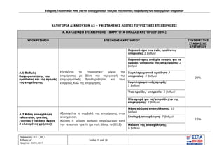 Ενίσχυση Τουριστικών ΜΜΕ για τον εκσυγχρονισμό τους και την ποιοτική αναβάθμιση των παρεχομένων υπηρεσιών
Πρόσκληση: Ο.Ι.1_ΚΕ_1
Έκδοση: 6η
Ημερ/νια: 23.10.2017
Σελίδα 15 από 28
ΚΑΤΗΓΟΡΙΑ ΔΙΚΑΙΟΥΧΩΝ Α3 – ΥΦΙΣΤΑΜΕΝΕΣ ΛΟΙΠΕΣ ΤΟΥΡΙΣΤΙΚΕΣ ΕΠΙΧΕΙΡΗΣΕΙΣ
Α. ΚΑΤΑΣΤΑΣΗ ΕΠΙΧΕΙΡΗΣΗΣ (ΒΑΡΥΤΗΤΑ ΟΜΑΔΑΣ ΚΡΙΤΗΡΙΟΥ 30%)
ΥΠΟΚΡΙΤΗΡΙΟ ΕΠΕΞΗΓΗΣΗ ΚΡΙΤΗΡΙΟΥ ΣΥΝΤΕΛΕΣΤΗΣ
ΣΤΑΘΜΙΣΗΣ
ΚΡΙΤΗΡΙΟΥ
Α.1 Βαθμός
διαφοροποίησης του
προϊόντος και της αγοράς
της επιχείρησης
Εξετάζεται το "προϊοντικό" μίγμα της
επιχείρησης με βάση την περιγραφή της
επιχειρηματικής δραστηριότητας και τους
ενεργούς ΚΑΔ της επιχείρησης.
Περισσότερα του ενός προϊόντα/
υπηρεσίες:2 βαθμοί
20%
Περισσότερες από μία αγορές για τα
προϊόν/υπηρεσία της επιχείρησης:2
βαθμοί
Συμπληρωματικά προϊόντα /
υπηρεσίες: 2 βαθμοί
Συμπληρωματικές αγορές:
2 βαθμοί
Ένα προϊόν/ υπηρεσία: 2 βαθμοί
Μία αγορά για το/α προϊόν/τα της
επιχείρησης: 2 βαθμοί
Α.2 Μέση απασχόληση
τελευταίας τριετίας
/διετίας (για όσες έχουν
2 κλεισμένες χρήσεις)
Αξιολογείται η συμβολή της επιχείρησης στην
απασχόληση
Αύξηση ή μείωση αριθμού εργαζομένων κατά
την τελευταία τριετία (με τιμή βάσης το 2012).
Μέση αύξηση απασχόλησης: 10
βαθμοί
15%
Σταθερή απασχόληση: 7 βαθμοί
Μείωση της απασχόλησης:
0 βαθμοί
ΑΔΑ: Ω1ΙΒ465ΧΙ8-ΗΔΙ
 