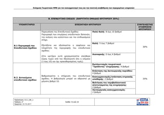 Ενίσχυση Τουριστικών ΜΜΕ για τον εκσυγχρονισμό τους και την ποιοτική αναβάθμιση των παρεχομένων υπηρεσιών
Πρόσκληση: Ο.Ι.1_ΚΕ_1
Έκδοση: 6η
Ημερ/νια: 23.10.2017
Σελίδα 18 από 28
Β. ΕΠΕΝΔΥΤΙΚΟ ΣΧΕΔΙΟ (ΒΑΡΥΤΗΤΑ ΟΜΑΔΑΣ ΚΡΙΤΗΡΙΟΥ 35%)
ΥΠΟΚΡΙΤΗΡΙΟ ΕΠΕΞΗΓΗΣΗ ΚΡΙΤΗΡΙΟΥ ΣΥΝΤΕΛΕΣΤΗΣ
ΣΤΑΘΜΙΣΗΣ
ΚΡΙΤΗΡΙΟΥ
B.1 Περιγραφή του
Επενδυτικού Σχεδίου
Παρουσίαση του Επενδυτικού Σχεδίου
Περιγραφή των επιμέρους επενδυτικών δαπανών,
την ανάγκη που καλύπτουν και τον επιδιωκόμενο
στόχο.
Εξετάζεται και αξιολογείται η σαφήνεια και
πληρότητα της περιγραφής του επενδυτικού
σχεδίου.
(Στο κριτήριο αυτό χρησιμοποιείται ελεύθερα
εύρος τιμών από τον Αξιολογητή όλη η κλίμακα
(1 έως 10) και όχι προκαθορισμένες τιμές).
Πολύ Καλή: 8 έως 10 βαθμοί
30%
Καλή: 5 έως 7 βαθμοί
Ανεπαρκής: 0 έως 4 βαθμοί
Β.2. Αντικείμενο
επενδυτικού σχεδίου
Βαθμολογείται η στόχευση του επενδυτικού
σχεδίου. Η βαθμολογία μπορεί να αθροιστεί με
μέγιστη βαθμό 10.
Εμπλουτισμός τουριστικού
"προϊόντος" επιχείρησης: 4 βαθμοί
35%
Επέκταση της λειτουργικής περιόδου:
4 βαθμοί
Εκσυγχρονισμός/επέκταση κτιριακής
υποδομής: 2 βαθμοί
Βελτίωση του περιβαλλοντικού
αποτυπώματος της επιχείρησης:
2 βαθμοί
Λειτουργικός εκσυγχρονισμός:
2 βαθμοί
ΑΔΑ: Ω1ΙΒ465ΧΙ8-ΗΔΙ
 