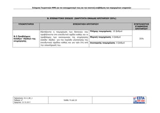 Ενίσχυση Τουριστικών ΜΜΕ για τον εκσυγχρονισμό τους και την ποιοτική αναβάθμιση των παρεχομένων υπηρεσιών
Πρόσκληση: Ο.Ι.1_ΚΕ_1
Έκδοση: 6η
Ημερ/νια: 23.10.2017
Σελίδα 19 από 28
Β. ΕΠΕΝΔΥΤΙΚΟ ΣΧΕΔΙΟ (ΒΑΡΥΤΗΤΑ ΟΜΑΔΑΣ ΚΡΙΤΗΡΙΟΥ 35%)
ΥΠΟΚΡΙΤΗΡΙΟ ΕΠΕΞΗΓΗΣΗ ΚΡΙΤΗΡΙΟΥ ΣΥΝΤΕΛΕΣΤΗΣ
ΣΤΑΘΜΙΣΗΣ
ΚΡΙΤΗΡΙΟΥ
Β.3 Προβλέψεις
Εσόδων- Εξόδων της
επιχείρησης
Εξετάζονται η τεκμηρίωση των δαπανών που
προβλέπονται στο επενδυτικό σχέδιο καθώς και οι
προβλέψεις των οικονομικών της επιχείρησης
(έσοδα- έξοδα) για την περίοδο υλοποίησης του
επενδυτικού σχεδίου καθώς και για τρία έτη από
την ολοκλήρωσή του.
Πλήρης τεκμηρίωση: 10 βαθμοί
35%
Μερική τεκμηρίωση: 6 βαθμοί
Ανεπαρκής τεκμηρίωση: 0 βαθμοί
ΑΔΑ: Ω1ΙΒ465ΧΙ8-ΗΔΙ
 