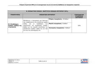 Ενίσχυση Τουριστικών ΜΜΕ για τον εκσυγχρονισμό τους και την ποιοτική αναβάθμιση των παρεχομένων υπηρεσιών
Πρόσκληση: Ο.Ι.1_ΚΕ_1
Έκδοση: 6η
Ημερ/νια: 23.10.2017
Σελίδα 26 από 28
Β. ΕΠΕΝΔΥΤΙΚΟ ΣΧΕΔΙΟ (ΒΑΡΥΤΗΤΑ ΟΜΑΔΑΣ ΚΡΙΤΗΡΙΟΥ 35%)
ΥΠΟΚΡΙΤΗΡΙΟ ΕΠΕΞΗΓΗΣΗ ΚΡΙΤΗΡΙΟΥ ΣΥΝΤΕΛΕΣΤΗΣ
ΣΤΑΘΜΙΣΗΣ
ΚΡΙΤΗΡΙΟΥ
Β.3 Προβλέψεις
Εσόδων- Εξόδων της
επιχείρησης
Εξετάζονται η τεκμηρίωση των δαπανών
που προβλέπονται στο επενδυτικό σχέδιο
καθώς και οι προβλέψεις των
οικονομικών της επιχείρησης (έσοδα-
έξοδα) για την περίοδο υλοποίησης του
επενδυτικού σχεδίου καθώς και για τρία
έτη από την ολοκλήρωσή του.
Πλήρης τεκμηρίωση: 10 βαθμοί
35%
Μερική τεκμηρίωση: 6 βαθμοί
Ανεπαρκής τεκμηρίωση: 0 βαθμοί
ΑΔΑ: Ω1ΙΒ465ΧΙ8-ΗΔΙ
 