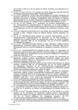 Αρ. Εντύπου: Ε.Ι.1_1/6
από το ΕΤΠΑ, το ΕΚΤ και το ΤΣ στο πλαίσιο του Στόχου: Επενδύσεις στην Ανάπτυξη και την
Απασχόληση».
23. Το με Α. Π. 4843/119432/03.11.215 έγγραφο της Γενικής Γραμματείας Αγροτικής Πολιτικής
και Διαχείρισης Κοινοτικών Πόρων με θέμα: «Κριτήριο Διαχωρισμού».
24. Την με Α.Π. 126829/ΕΥΘΥ 1217/8.12.2015 Κοινή Απόφαση των Υπουργών Οικονομικών και
Οικονομίας, Ανάπτυξης και Τουρισμού «Σύστημα δημοσιονομικών διορθώσεων και διαδικασίες
ανάκτησης αχρεωστήτως ή παρανόμως καταβληθέντων ποσών από πόρους του Κρατικού
Προϋπολογισμού για την υλοποίηση Προγραμμάτων συγχρηματοδοτούμενων στο πλαίσιο του
ΕΣΠΑ 2014-2020, σύμφωνα με το άρθρο 22 του Ν. 4314/2014» (ΦΕΚ 2784/Β/21.12.2015).
25. Την από 25.6.2015 απόφαση της 1ης
συνεδρίασης της Επιτροπής Παρακολούθησης του
Ε.Π. «Ανταγωνιστικότητα, Επιχειρηματικότητα και Καινοτομία», με την οποία εγκρίθηκε η
εξειδίκευση του ΕΠ, και ειδικότερα η εξειδίκευση της Δράσης «Ενίσχυση Τουριστικών ΜΜΕ για
τον εκσυγχρονισμό τους και την ποιοτική αναβάθμιση των παρεχομένων υπηρεσιών», όπως
ισχύει.
26. Το με Α.Π. 9939/ΕΥΚΕ 631/28.01.2016 (Α.Π. ΕΥΔ ΕΠΑνΕΚ 481/116/Α2/02.02.2016) έγγραφο
της ΕΥΚΕ με θέμα: «Έκφραση γνώμης για Οδηγούς δράσεων κρατικών ενισχύσεων του
ΕΠΑνΕΚ»
27. Την με Α.Π. 594/103/Α1/8.2.2016 Απόφαση της Επιτροπής Παρακολούθησης του Ε.Π.
«Ανταγωνιστικότητα, Επιχειρηματικότητα και Καινοτομία», με την οποία εγκρίθηκαν η
μεθοδολογία και τα κριτήρια επιλογής των επιχειρηματικών σχεδίων στο πλαίσιο της Δράσης
«Ενίσχυση Τουριστικών ΜΜΕ για τον εκσυγχρονισμό τους και την ποιοτική αναβάθμιση
των παρεχομένων υπηρεσιών».
28. Την με Α.Π. 670/150/Α2/11.02.2016 Απόφαση με θέμα: Πρόσκληση υποβολής αιτήσεων
χρηματοδότησης επενδυτικών σχεδίων στη Δράση «Ενίσχυση Τουριστικών ΜΜΕ για τον
εκσυγχρονισμό τους και την ποιοτική αναβάθμιση των παρεχομένων υπηρεσιών», ΕΣΠΑ 2014 –
2020.
29. Την με Α.Π. 1773/446/Α2/08.04.2016 Απόφαση με θέμα: Πρώτη (1η
) τροποποίηση της
Πρόσκλησης υποβολής αιτήσεων χρηματοδότησης επενδυτικών σχεδίων στη Δράση «Ενίσχυση
Τουριστικών ΜΜΕ για τον εκσυγχρονισμό τους και την ποιοτική αναβάθμιση των παρεχομένων
υπηρεσιών», ΕΣΠΑ 2014 – 2020.
30. Την με Α.Π. 2448/640/A2/13.05.2016 Απόφαση με θέμα: Δεύτερη (2η) τροποποίηση της
Πρόσκλησης υποβολής αιτήσεων χρηματοδότησης επενδυτικών σχεδίων στη Δράση
«Ενίσχυση Τουριστικών ΜΜΕ για τον εκσυγχρονισμό τους και την ποιοτική αναβάθμιση των
παρεχομένων υπηρεσιών», ΕΣΠΑ 2014 – 2020.
31. Την με Α.Π. 2595/687/Α2/19.05.2016 Απόφαση με θέμα: Αύξηση προϋπολογισμού της Δράσης
«Ενίσχυση Τουριστικών ΜΜΕ για τον εκσυγχρονισμό τους και την ποιοτική αναβάθμιση
των παρεχομένων υπηρεσιών» του Ε.Π. «Ανταγωνιστικότητα, Επιχειρηματικότητα και
Καινοτομία (ΕΠΑνΕΚ)», ΕΣΠΑ 2014 – 2020- Τρίτη (3η) τροποποίηση της Πρόσκλησης υποβολής
αιτήσεων χρηματοδότησης επιχειρηματικών σχεδίων στη Δράση.
32. Την με Α.Π. 2956/807/A2/06.06.2016 Απόφαση με θέμα : Παράταση της ημερομηνίας
ηλεκτρονικής υποβολής αιτήσεων χρηματοδότησης επιχειρηματικών σχεδίων της Δράσης
«Ενίσχυση Τουριστικών ΜΜΕ για τον εκσυγχρονισμό τους και την ποιοτική αναβάθμιση των
παρεχομένων υπηρεσιών» του Ε.Π. «Ανταγωνιστικότητα, Επιχειρηματικότητα και Καινοτομία
(ΕΠΑνΕΚ)», ΕΣΠΑ 2014 – 2020- Τέταρτη (4η) τροποποίηση της Πρόσκλησης υποβολής
αιτήσεων χρηματοδότησης επιχειρηματικών σχεδίων στη Δράση.
33. Την με Α.Π. 3995/974/B2/08-08-2017 πέμπτη (5η) τροποποίηση της Πρόσκλησης υποβολής
αιτήσεων χρηματοδότησης επιχειρηματικών σχεδίων στη Δράση «Ενίσχυση Τουριστικών ΜΜΕ
για τον εκσυγχρονισμό τους και την ποιοτική αναβάθμιση των παρεχομένων υπηρεσιών» του
Ε.Π. «Ανταγωνιστικότητα, Επιχειρηματικότητα και Καινοτομία (ΕΠΑνΕΚ)», ΕΣΠΑ 2014 – 2020.
34. Το από 19.09.2017 ηλεκτρονικό μήνυμα της Ειδικής Γραμματέας Διαχείρισης Τομεακών Ε.Π.
του ΕΤΠΑ και ΤΣ σχετικά με την αύξηση του προϋπολογισμού της δημόσιας δαπάνης της
Δράσης
35. Το από 12/10/2017 Εσωτερικό Σημείωμα της Μονάδας Β2 της ΕΥΔ ΕΠΑνΕΚ με το οποίο
εισηγείται την 6η τροποποίηση της Πρόσκλησης υποβολής αιτήσεων χρηματοδότησης
επιχειρηματικών σχεδίων στην Δράση «Ενίσχυση Τουριστικών ΜΜΕ για τον εκσυγχρονισμό
τους και την ποιοτική αναβάθμιση των παρεχομένων υπηρεσιών» του Ε.Π.
«Ανταγωνιστικότητα, Επιχειρηματικότητα και Καινοτομία (ΕΠΑνΕΚ)», ΕΣΠΑ 2014 – 2020.
36. Την από 12/10/2017 Σύμφωνη Γνώμη των αρμόδιων Μονάδων Α1 και Α3 της ΕΥΔ ΕΠΑνΕΚ για
την 6η τροποποίηση της ανωτέρω Πρόσκλησης μετά από σχετικό αίτημα (α/α 35) της Μονάδας
Β2.
ΑΔΑ: Ω1ΙΒ465ΧΙ8-ΗΔΙ
 