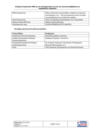 Ενίσχυση Τουριστικών ΜΜΕ για τον εκσυγχρονισμό τους και την ποιοτική αναβάθμιση των
παρεχομένων υπηρεσιών
Πρόσκληση: Ο.Ι.1_ΚΕ_1
Έκδοση: 6η
Ημερ/νια: 23.10.2017
Σελίδα 9 από 9
Είδος Εκταμίευσης Είδος εκταμίευσης (προκαταβολή, ενδιάμεση εκταμίευση,
αποπληρωμή, κ.α.). – Θα συμπληρώνεται κατά την φάση
της ολοκλήρωσης του επενδυτικού σχεδίου.
Ποσό Εκταμίευσης Ποσό της Δημόσιας Επιχορήγησης που εκταμιεύθηκε
Φορέας Χρηματοδότησης Φορέας Χρηματοδότησης
Ολοκληρωμένο έργο ΟΛΟΚΛΗΡΩΜΕΝΟ ΕΡΓΟ (ΝΑΙ/ΌΧΙ)
Επιλέξιμες Δαπάνες Επενδυτικού Σχεδίου
Τίτλος Πεδίου Επεξήγηση
Κωδικός Επενδυτικής Πρότασης Μοναδικός αριθμός πρότασης
Κωδικός Κατηγορίας Επιλέξιμης
Ενέργειας/Δαπάνης
Αρίθμηση Ενεργειών / Δαπανών
Περιγραφή Κατηγορίας Επιλέξιμης
Ενέργειας/Δαπάνης
Πχ. Κτιριακά, Εισαγωγή Τεχνολογιών Πληροφορική,
Εισαγωγή Καινοτομίας κ.λ.π.
Ποσό Πόσο Δημόσιας Επιχορήγησης ανά Δαπάνη/Ενέργεια
ΑΔΑ: Ω1ΙΒ465ΧΙ8-ΗΔΙ
 