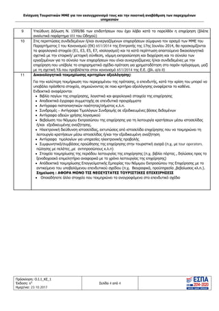 Ενίσχυση Τουριστικών ΜΜΕ για τον εκσυγχρονισμό τους και την ποιοτική αναβάθμιση των παρεχομένων
υπηρεσιών
Πρόσκληση: Ο.Ι.1_ΚΕ_1
Έκδοση: 6η
Ημερ/νια: 23.10.2017
Σελίδα 4 από 4
9 Υπεύθυνη Δήλωση Ν. 1599/86 των επιδοτήσεων που έχει λάβει κατά το παρελθόν η επιχείρηση (βλέπε
αναλυτικά παράρτημα VII του Οδηγού)
10 Στις περιπτώσεις συνδεδεμένων ή/και συνεργαζόμενων επιχειρήσεων σύμφωνα τον ορισμό των ΜΜΕ του
Παραρτήματος Ι του Κανονισμού (ΕΚ) 651/2014 της Επιτροπής της 17ης Ιουνίου 2014, θα προσκομίζονται
τα φορολογικά στοιχεία (Ε1, Ε3, Ε5, Ε7, ισολογισμοί) και τα κατά περίπτωση απαιτούμενα δικαιολογητικά
σχετικά με την εταιρική/ μετοχική σύνθεση, νόμιμη εκπροσώπηση και διαχείριση και το σύνολο των
εργαζομένων για το σύνολο των επιχειρήσεων που είναι συνεργαζόμενες ή/και συνδεδεμένες με την
επιχείρηση που υπέβαλε το επιχειρηματικό σχέδιο-πρόταση για χρηματοδότηση στο παρόν πρόγραμμα, μαζί
με τη σχετική ΥΔ που προβλέπεται στον κανονισμό 651/2014 της Ε.Ε. (βλ. α/α 8)
11 Δικαιολογητικά τεκμηρίωσης κριτηρίων αξιολόγησης:
Για την καλύτερη τεκμήριωση του περιεχομένου της πρότασης, ο επενδυτής, κατά την κρίση του μπορεί να
υποβάλει πρόσθετα στοιχεία, σημειώνοντας σε ποιο κριτήριο αξιολόγησης αναφέρεται το καθένα.
Ενδεικτικά αναφέρονται:
• Βιβλίο παγίων της επιχείρησης, λογιστικά και φορολογικά στοιχεία της επιχείρησης
• Αποδεικτικά έγγραφα συμμετοχής σε επενδυτικά προγράμματα
• Αντίγραφα πιστοποιητικών ποιότητας/σήματος κ.λ.π.
• Συνδρομές – Αντίγραφα Τιμολόγιων Συνδρομής σε εξειδικευμένες βάσεις δεδομένων
• Αντίγραφα αδειών χρήσης λογισμικού
• Βεβαίωση του Νόμιμου Εκπροσώπου της επιχείρησης για τη λειτουργία κρατήσεων μέσω ιστοσελίδας
ή/και εξειδικευμένης αναζήτησης.
• Ηλεκτρονική διεύθυνση ιστοσελίδας, εκτυπώσεις από ιστοσελίδα επιχείρησης που να τεκμηριώνει τη
λειτουργία κρατήσεων μέσω ιστοσελίδας ή/και την εξειδικευμένη αναζήτηση.
• Αντίγραφα τιμολογίων για υπηρεσίες ηλεκτρονικής προβολής
• Συμφωνητικά/συμβάσεις προώθησης της επιχείρησης στην τουριστική αγορά (π.χ. με tour operators,
πώλησης με πελάτες ,με αντιπροσώπους κ.λ.π).
• Στοιχεία τεκμηρίωσης της περιόδου λειτουργίας της επιχείρησης (π.χ. βιβλίο πόρτας , δηλώσεις προς το
ξενοδοχειακό επιμελητήριο αναφορικά με το χρόνο λειτουργίας της επιχείρησης)
• Απόδεικτικά τεκμηρίωσης Επαγγελματικής Εμπειρίας του Νόμιμου Εκπροσώπου της Επιχείρησης με το
αντικείμενο του υποβαλόμενου επενδυτικού σχεδίου (π.χ. Βιογραφικά, προϋπηρεσία ,βεβαίωσεις κλ.π.).
Σημείωση : ΑΦΟΡΑ ΜΟΝΟ ΤΙΣ ΝΕΟΣΥΣΤΑΤΕΣ ΤΟΥΡΙΣΤΙΚΕΣ ΕΠΙΧΕΙΡΗΣΕΙΣ
• Οποιαδήποτε άλλο στοιχείο που τεκμηριώνει τα αναγραφόμενα στο επενδυτικό σχέδιο
ΑΔΑ: Ω1ΙΒ465ΧΙ8-ΗΔΙ
 