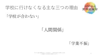 学校に行けなくなる主な三つの理由
6
子ども達が規則正しい生活をし、自信を持ち自律し社会
に貢献する未来を実現します！
「学校が合わない」
「人間関係」
「学業不振」
 