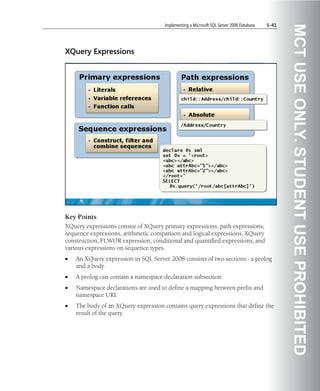 Implementing a Microsoft SQL Server 2008 Database   5-41




                                                                                                 MCT USE ONLY. STUDENT USE PROHIBITED
XQuery Expressions




Key Points
XQuery expressions consist of XQuery primary expressions, path expressions,
sequence expressions, arithmetic comparison and logical expressions, XQuery
construction, FLWOR expression, conditional and quantified expressions, and
various expressions on sequence types.
•   An XQuery expression in SQL Server 2008 consists of two sections - a prolog
    and a body.
•   A prolog can contain a namespace declaration subsection.
•   Namespace declarations are used to define a mapping between prefix and
    namespace URI.
•   The body of an XQuery expression contains query expressions that define the
    result of the query.
 