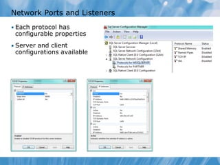 Network Ports and Listeners
• Each protocol has
 configurable properties
• Server and client
 configurations available
 
